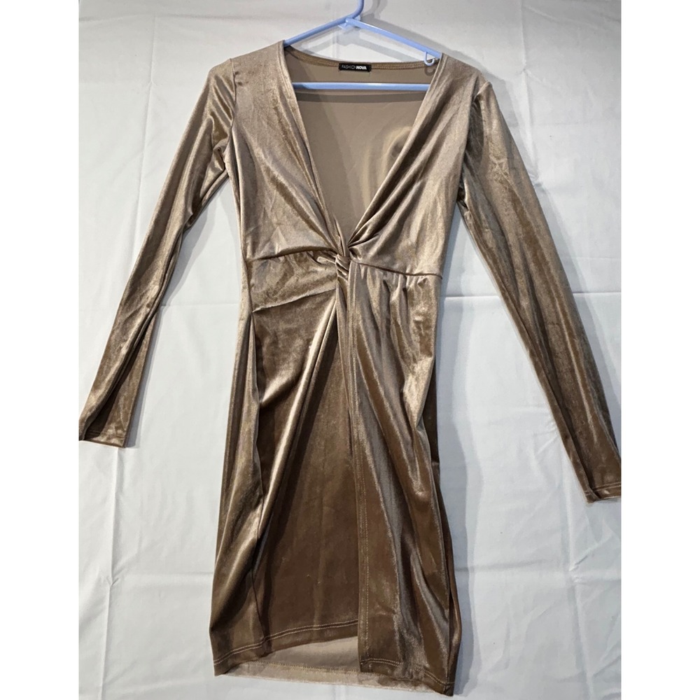 Fashion Nova Gold Velvet V-Neck Twist Front Long Sleeve Mini Dress XS SD10352